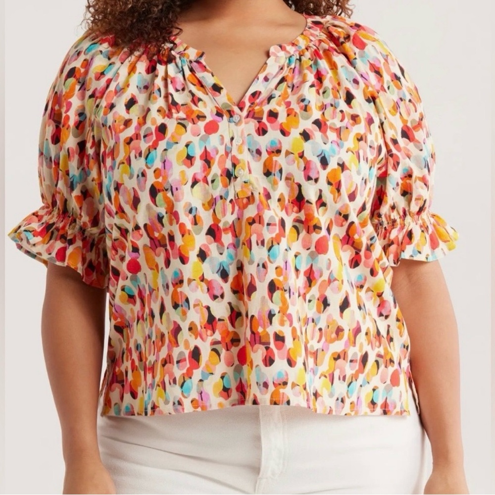 Liverpool Multicolor Printed Puff-Sleeve Blouse 1X watercolor dot NWT